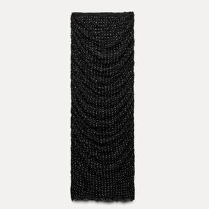 Zara Black & Silver Rhinestone Mesh Ruched Stretch Midi Skirt